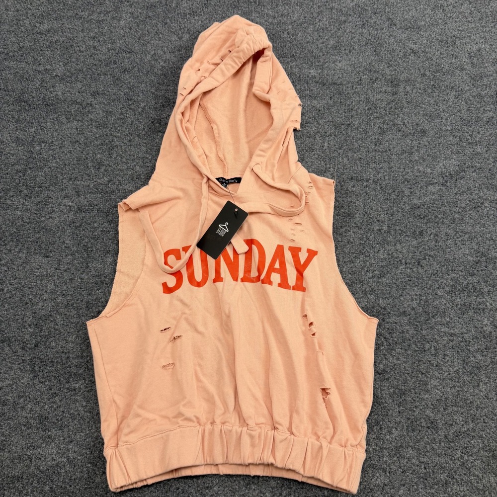 Clara Story Sleeveless Cropped Hoodie Womens L Peach Sunday Distressed NWT